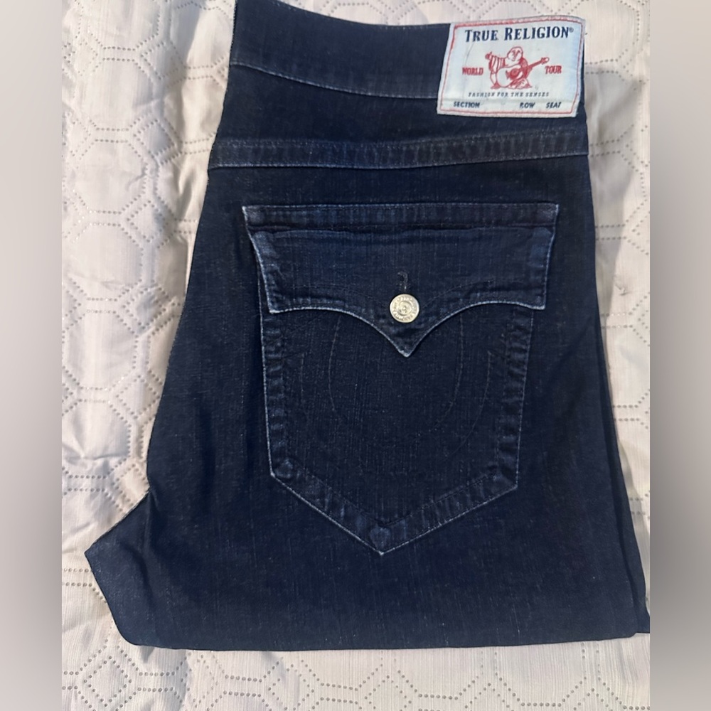 True Religion Men's Relaxed Jeans in Dark Indigo with Red Stitching Accents